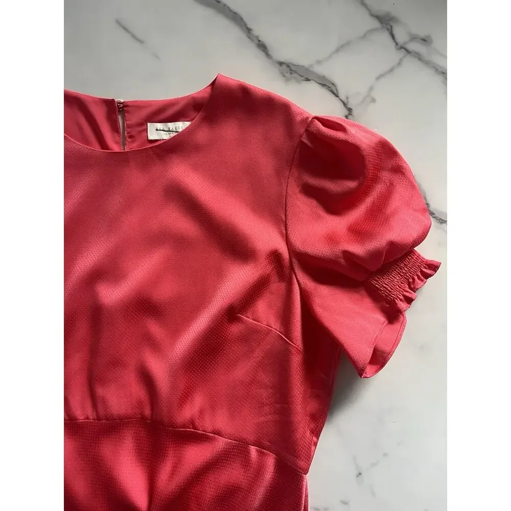 Ted Baker Textured Satin Midi Dress Size 12 Coral Pink Puff Sleeve modest chic - Picture 6 of 12
